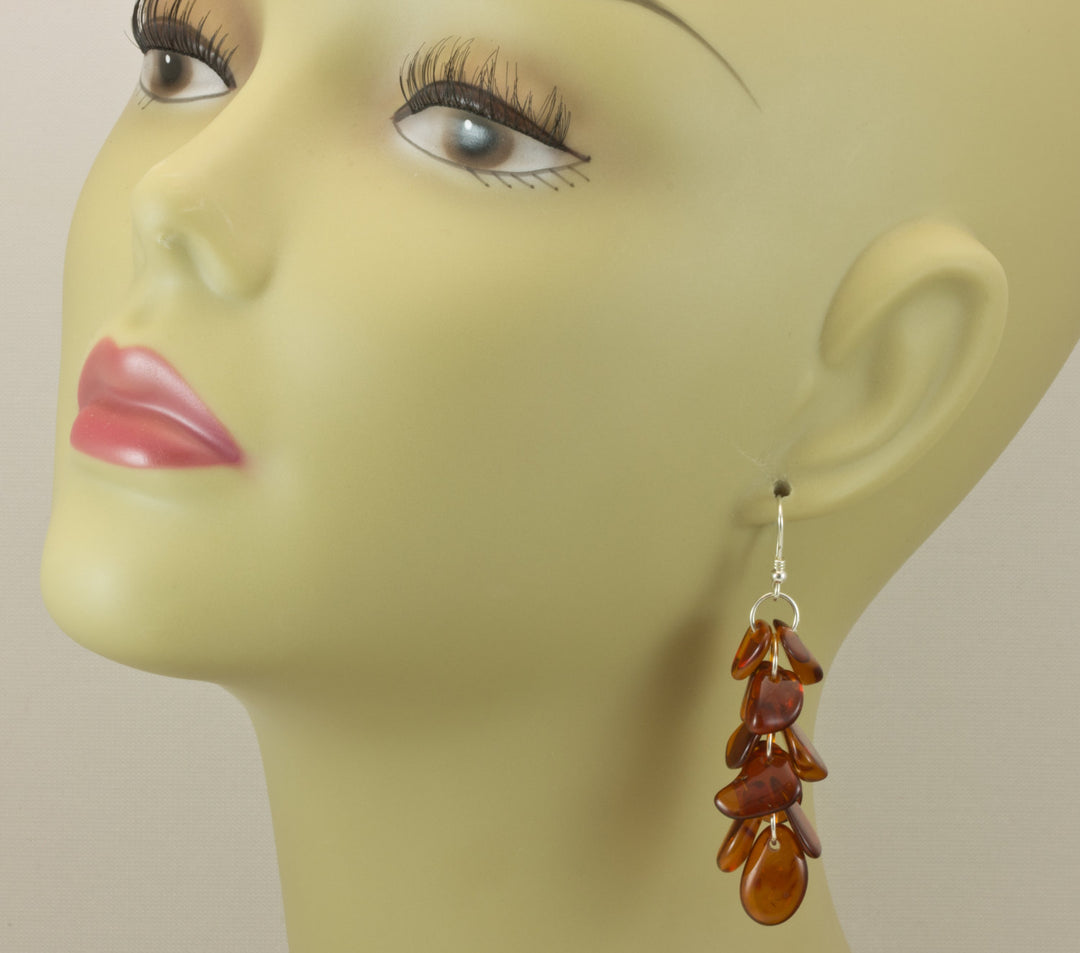 Baltic Amber Earrings Smooth Long Teardrop Cluster Chandelier Dangles Sterling Silver Clusters of natural Dark Honey Amber