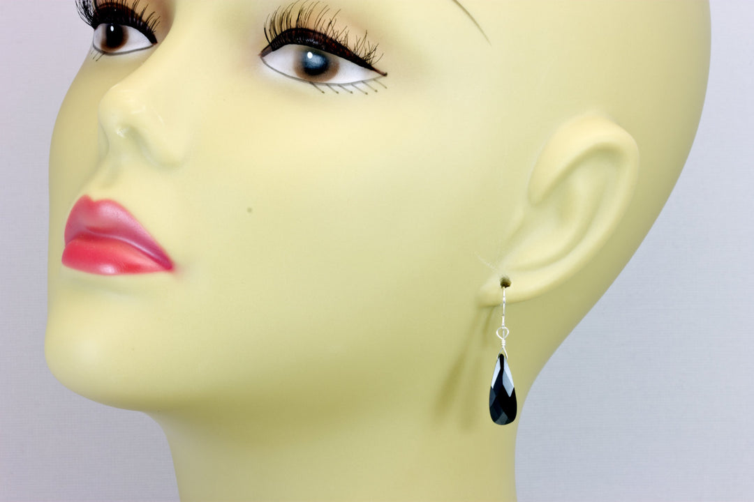 Black Sim Diamond Cubic Zirconia Earrings Long Faceted Teardrop Briolette AAA CZ Sterling Silver or 14k Solid Gold or Filled Simple Drops