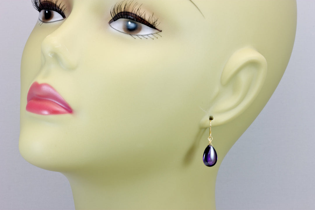 Purple Amethyst Cubic Zirconia Earrings Smooth Teardrop AAA CZ Sterling Silver or 14k Solid Gold or Filled Simple Dainty Lightweight Drops