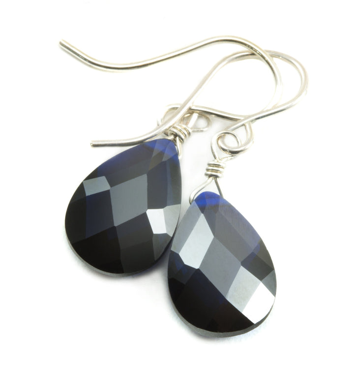Dark Sapphire Blue Cubic Zirconia Earrings Pear Shaped Faceted Teardrop Briolette AAA CZ Sterling Silver or 14k Solid Gold or Filled Dangles