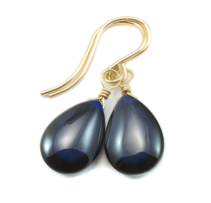 Dark Sapphire Blue Cubic Zirconia Earrings Smooth Teardrop Briolette AAA CZ Sterling Silver or 14k Solid Gold or Filled Pear Drops
