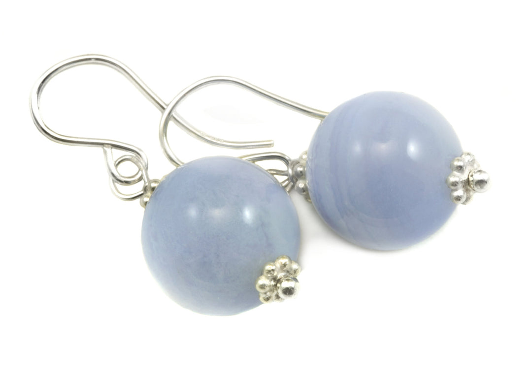 Blue Lace Agate Earrings AAA Natural Round Smooth Drop Beaded Accents Sterling Silver or 14k Solid Gold or Filled Pale Blue Ribbon Banding