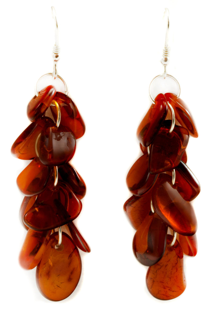 Baltic Amber Earrings Smooth Long Teardrop Cluster Chandelier Dangles Sterling Silver Clusters of natural Dark Honey Amber