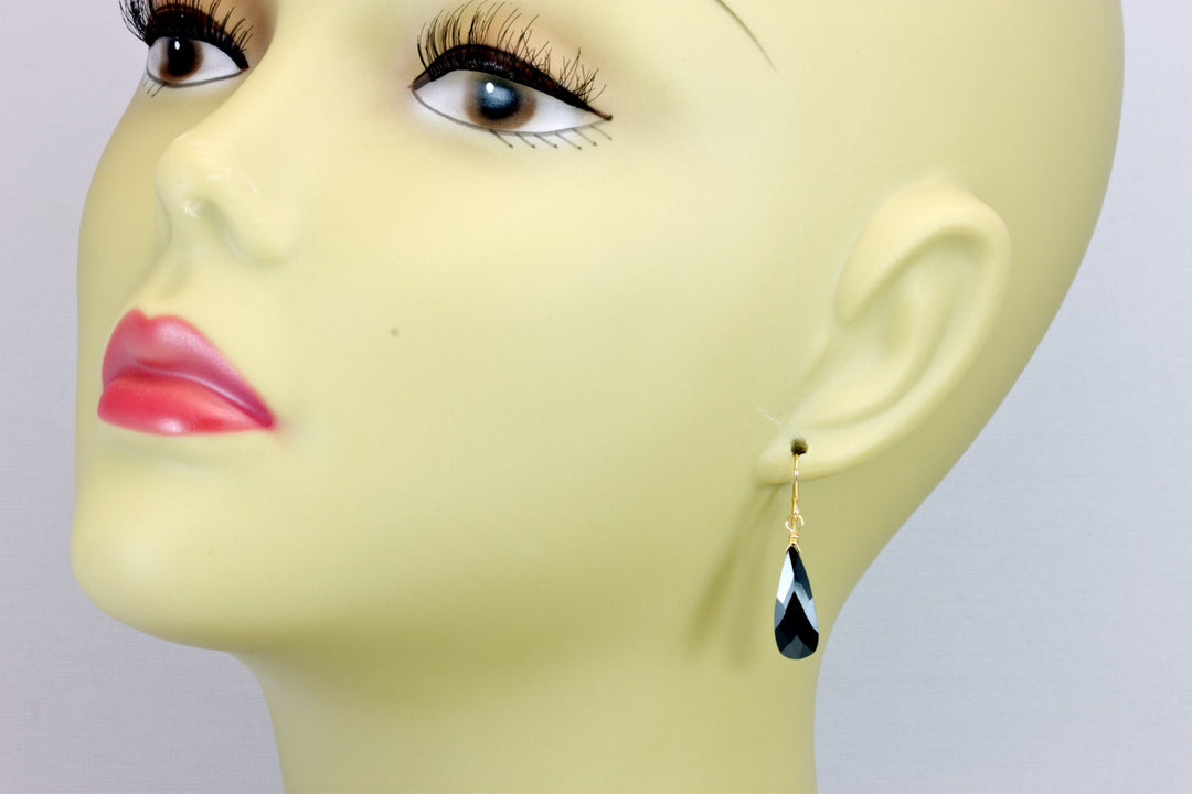 Black Sim Diamond Cubic Zirconia Earrings Long Faceted Teardrop Briolette AAA CZ Sterling Silver or 14k Solid Gold or Filled Simple Drops
