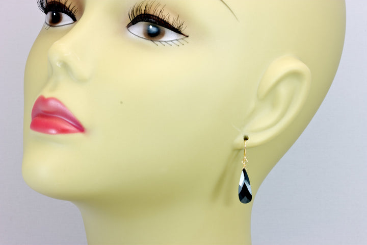 Black Sim Diamond Cubic Zirconia Earrings Long Faceted Teardrop Briolette AAA CZ Sterling Silver or 14k Solid Gold or Filled Simple Drops