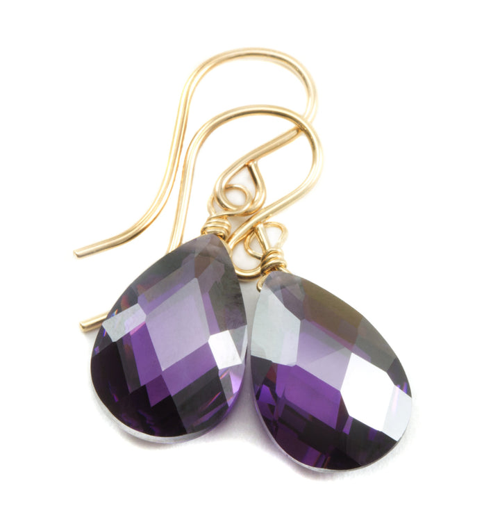 Amethyst Purple Cubic Zirconia Earrings Long Faceted Teardrop AAA CZ Sterling Silver or 14k Solid Gold or Filled Pear Simple Dainty Drops