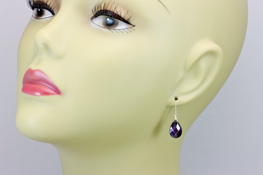 Amethyst Purple Cubic Zirconia Earrings Long Faceted Teardrop AAA CZ Sterling Silver or 14k Solid Gold or Filled Pear Simple Dainty Drops