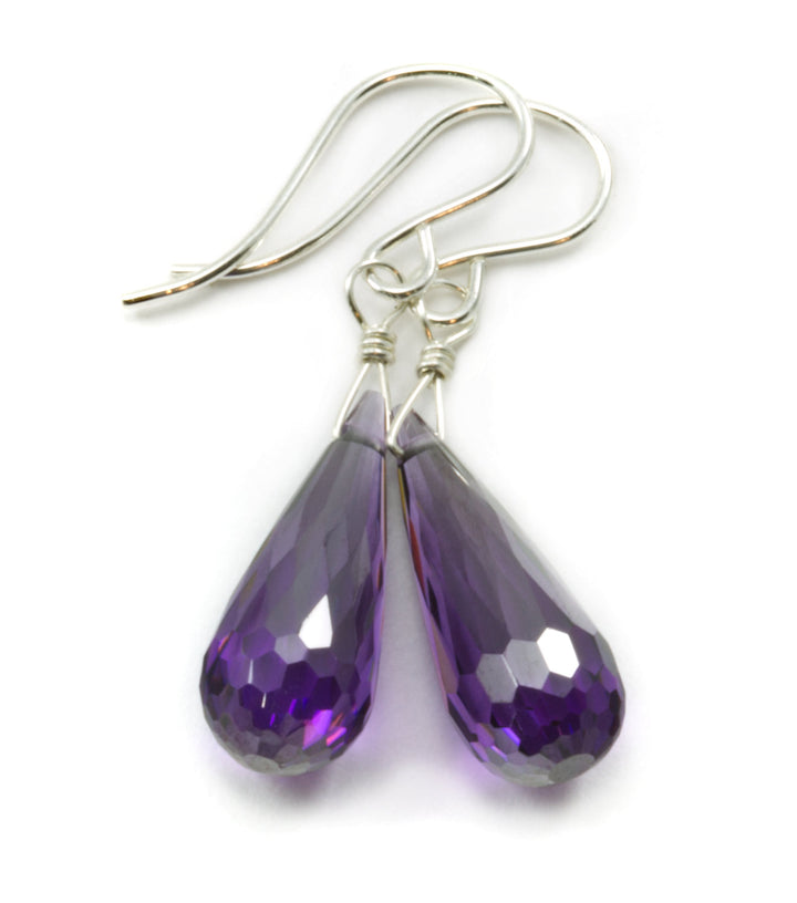 Amethyst Purple Cubic Zirconia Earrings Long Micro Faceted Rounded Teardrops Briolette AAA CZ Sterling Silver or 14k Solid Gold or Filled