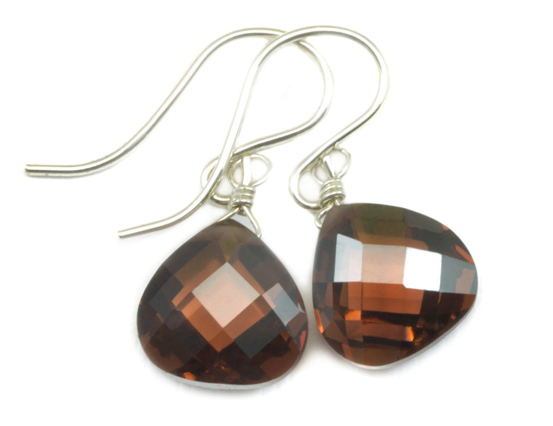 Dark Chocolate Cubic Zirconia Earrings Heart Briolettes AAA CZ  14k Solid Yellow Gold or Filled or Sterling Silver Simulated Diamond Simple