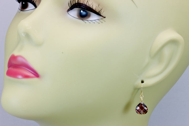 Dark Chocolate Cubic Zirconia Earrings Heart Briolettes AAA CZ  14k Solid Yellow Gold or Filled or Sterling Silver Simulated Diamond Simple