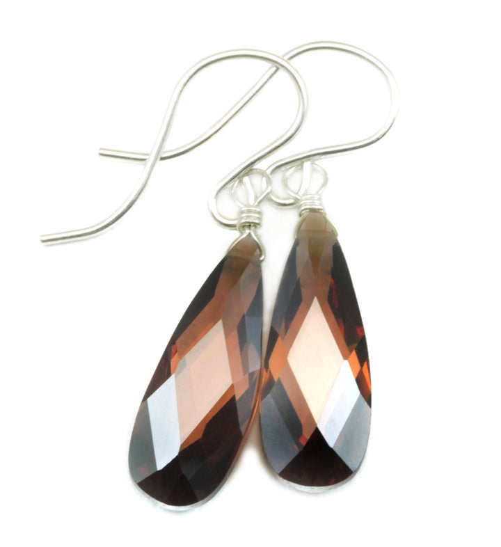 Chocolate Cubic Zirconia Earrings Long Faceted Teardrop AAA CZ Sterling Silver or 14k Solid Gold or Filled  Brown Simulated Diamond Dainty