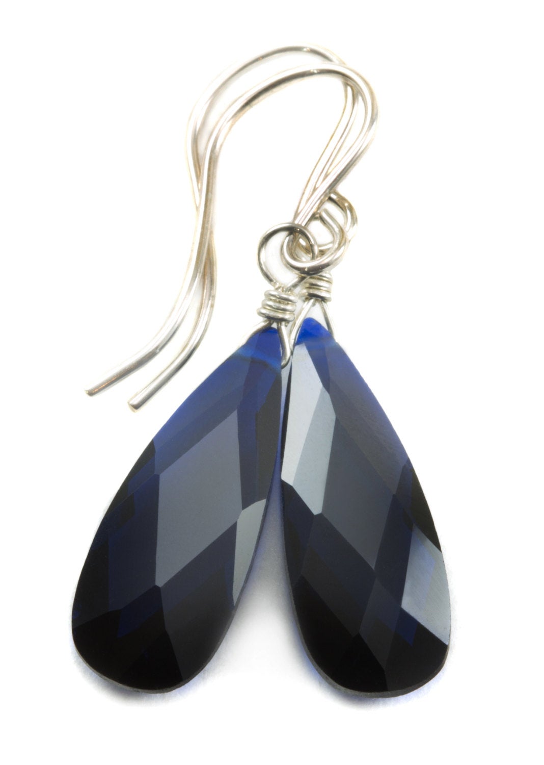 Dark Blue Sapphire Cubic Zirconia Earrings Long Faceted Teardrop Briolette AAA CZ Sterling Silver or 14k Solid Gold or Filled  Simple drops