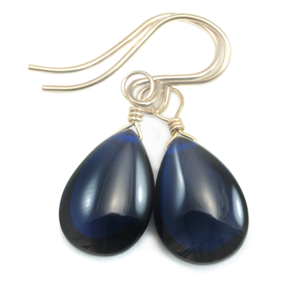 Dark Sapphire Blue Cubic Zirconia Earrings Smooth Teardrop Briolette AAA CZ Sterling Silver or 14k Solid Gold or Filled Pear Drops