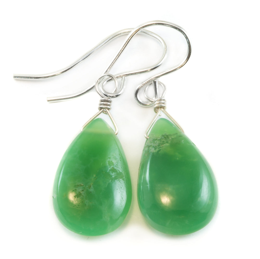 Green Chrysoprase Earrings Sterling Silver or 14k Solid Gold or Filled Smooth Pear Briolette Teardrops Simple Natural Raw Apple Green  Drops