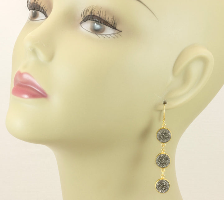 Drusy Earrings Platinum Black Druzy 14k Solid Gold or Filled French Ear Wires 2.5 inch Long Triple Hung Round Bezel Set Natural Quartz Drops