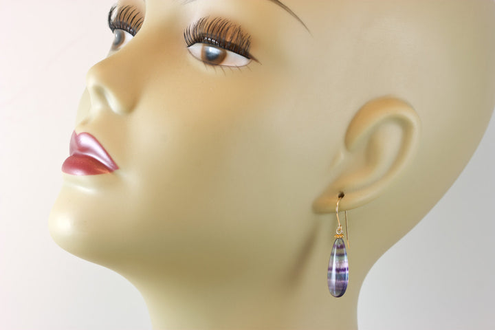 Fluorite Earrings Purple Teal Blue Striped Smooth Teardrop 14k solid gold or gold filled or sterling silver Natural Large Pair Beaded Simple