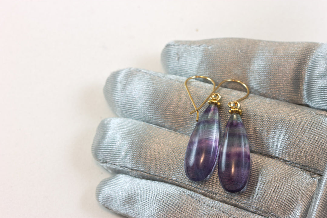 Fluorite Earrings Purple Teal Blue Striped Smooth Teardrop 14k solid gold or gold filled or sterling silver Natural Large Pair Beaded Simple