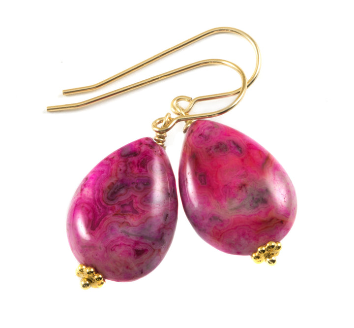 Hot Pink Agate Earrings Natural Smooth Drop Beaded Teardrops Accents Sterling Silver or 14k Solid Gold or Filled Magenta Fuchsia Simple Drop