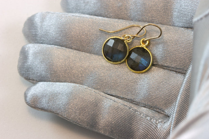 Blue Flash Labradorite Earrings Small Simple Drops Bezel Set Round Drop Dangle Solid  14k Gold or Filled or Sterling Silver Dainty Daily