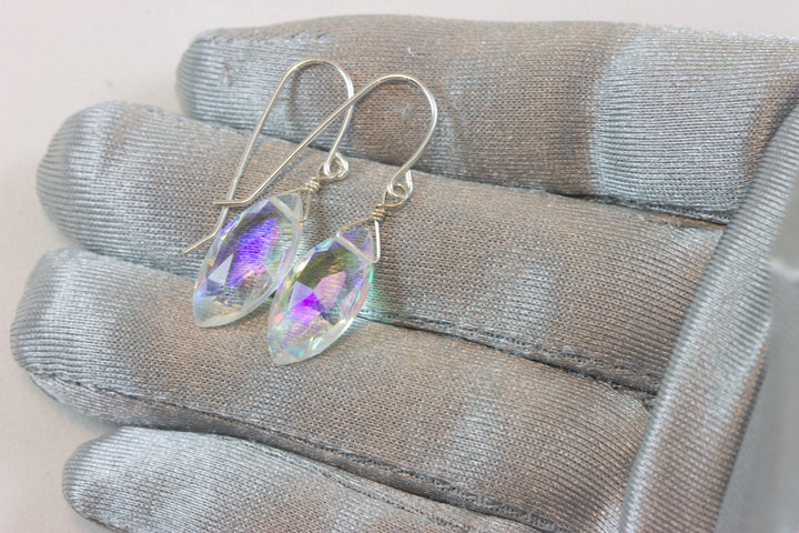 Mystic Clear Rainbow Quartz Earrings Marquise Shape Facet Teardrop 14k Solid Gold or Filled or Sterling Silver iridescent color simple drop