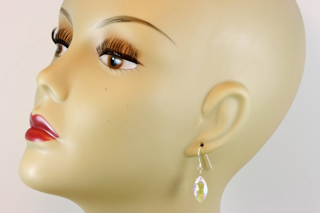 Mystic Clear Rainbow Quartz Earrings Marquise Shape Facet Teardrop 14k Solid Gold or Filled or Sterling Silver iridescent color simple drop