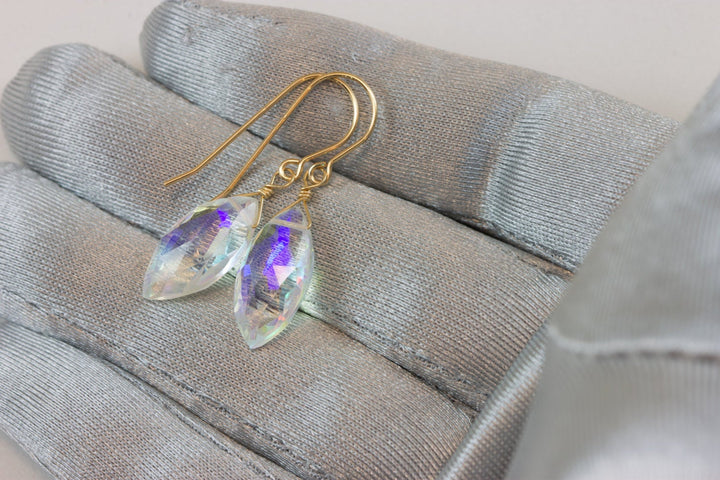 Mystic Clear Rainbow Quartz Earrings Marquise Shape Facet Teardrop 14k Solid Gold or Filled or Sterling Silver iridescent color simple drop