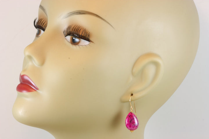 Hot Pink Agate Earrings Natural Smooth Drop Beaded Teardrops Accents Sterling Silver or 14k Solid Gold or Filled Magenta Fuchsia Simple Drop
