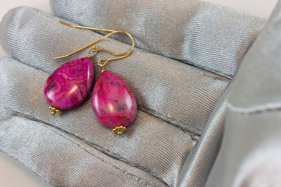 Hot Pink Agate Earrings Natural Smooth Drop Beaded Teardrops Accents Sterling Silver or 14k Solid Gold or Filled Magenta Fuchsia Simple Drop