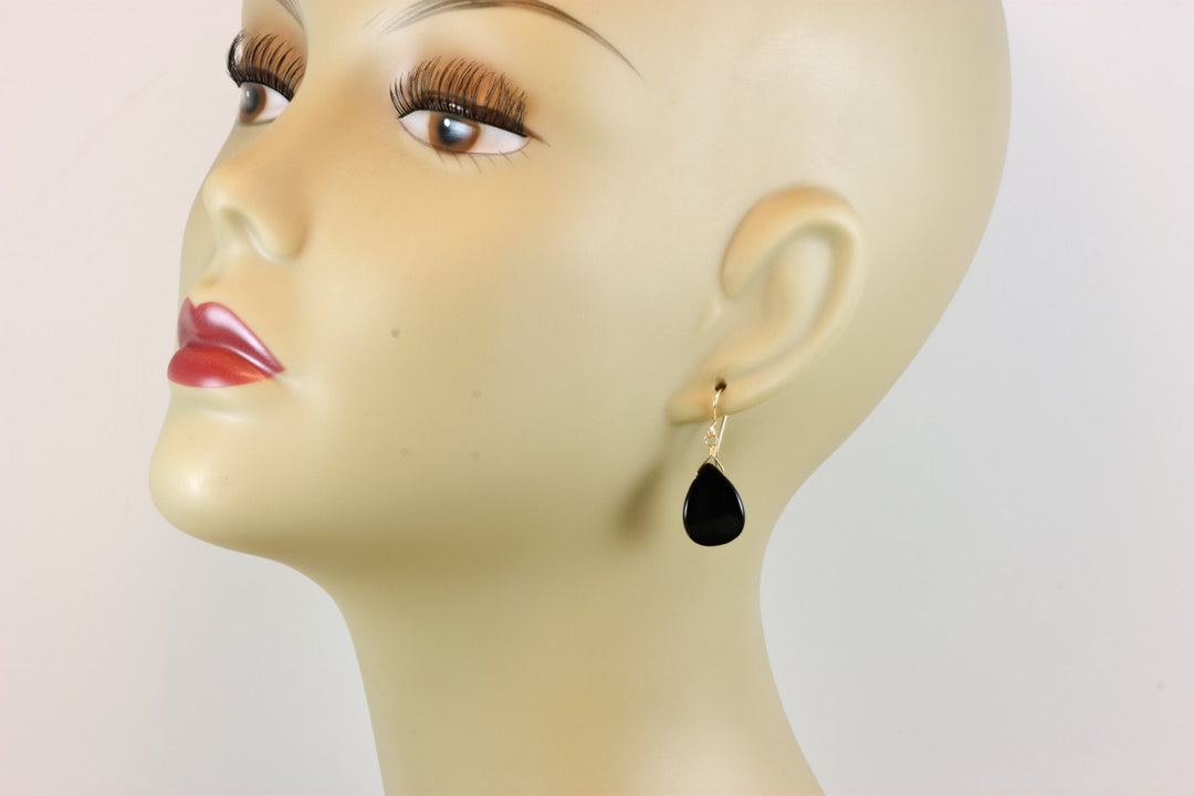Black Onyx Earrings Sterling Silver or 14k Solid Gold or Filled Smooth Curved Teardrop Dangle Simple Design Special Cut Petal Shaped Drops