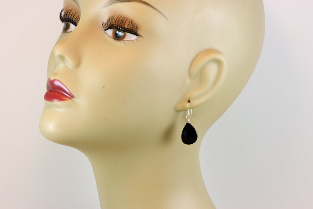 Black Onyx Earrings Sterling Silver or 14k Solid Gold or Filled Smooth Curved Teardrop Dangle Simple Design Special Cut Petal Shaped Drops