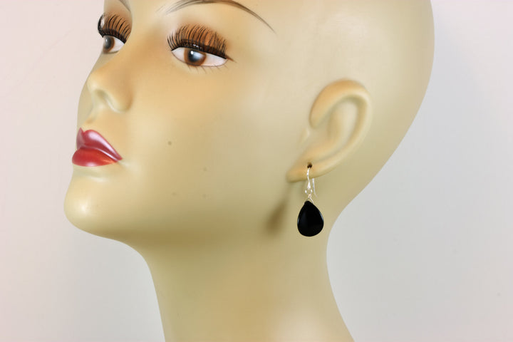Black Onyx Earrings Sterling Silver or 14k Solid Gold or Filled Smooth Curved Teardrop Dangle Simple Design Special Cut Petal Shaped Drops