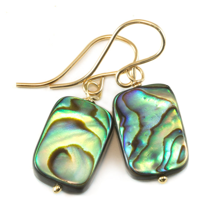 Abalone Paua Shell Teardrop Earrings Natural Peacock 14k Solid Gold or Filled or Sterling Silver Rectangle Simple MOP Blue Green Drops