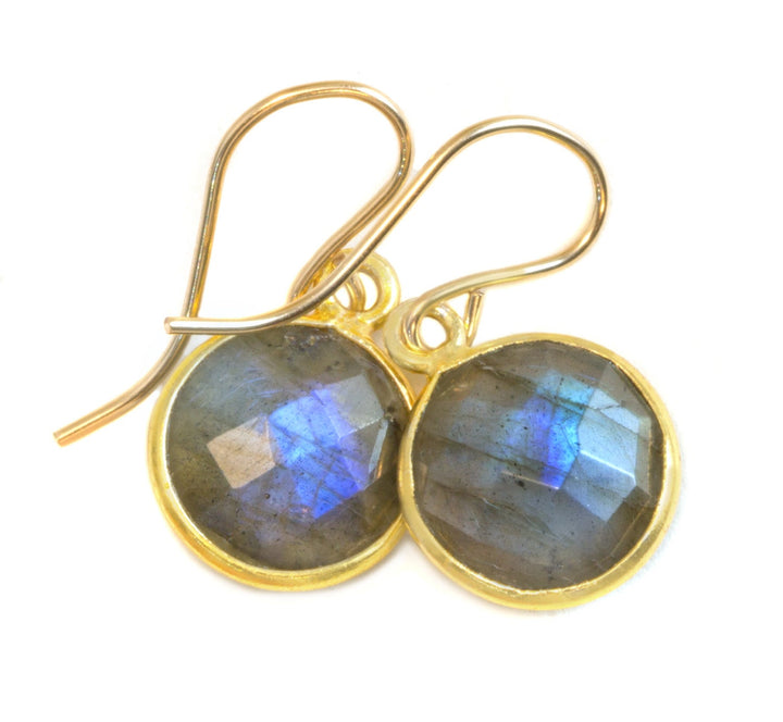 Blue Flash Labradorite Earrings Small Simple Drops Bezel Set Round Drop Dangle Solid  14k Gold or Filled or Sterling Silver Dainty Daily