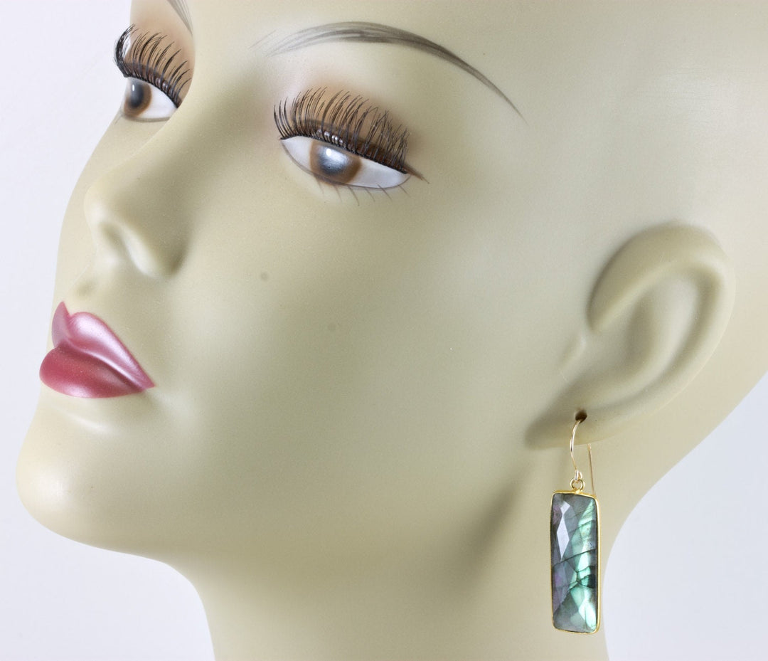 Labradorite Earrings Solid 14k Gold or Filled Long Rectangle Teardrop AAA Bezel Drop Dangle Contemporary Blue Flash Spyglass Designs 2 inch