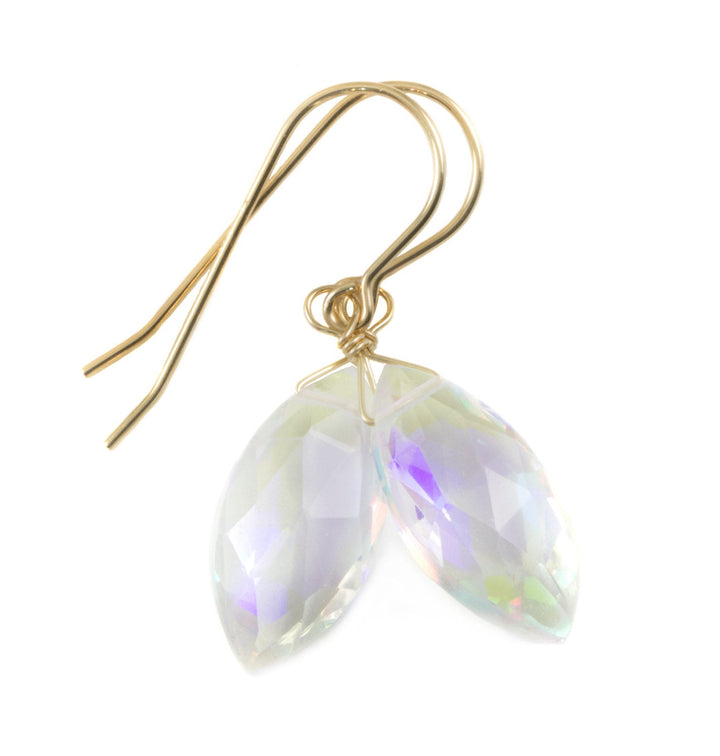 Mystic Clear Rainbow Quartz Earrings Marquise Shape Facet Teardrop 14k Solid Gold or Filled or Sterling Silver iridescent color simple drop