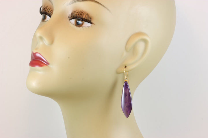 Purple Phantom Amethyst Earrings Smooth Natural Untreated Long Cut 14k Solid Gold or Filled or Sterling Silver Teardrop Real Large 2.2 Inch