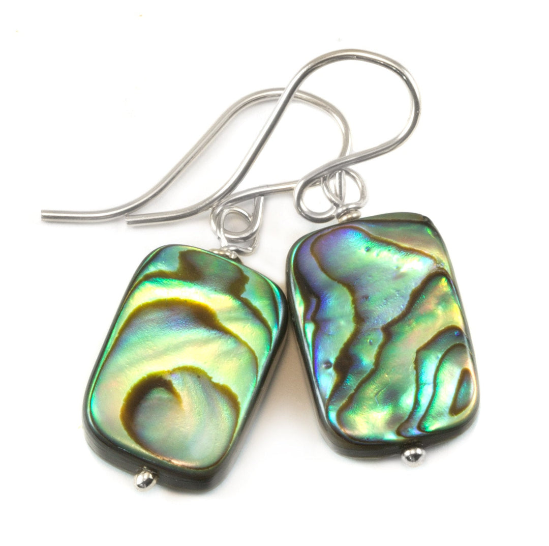 Abalone Paua Shell Teardrop Earrings Natural Peacock 14k Solid Gold or Filled or Sterling Silver Rectangle Simple MOP Blue Green Drops