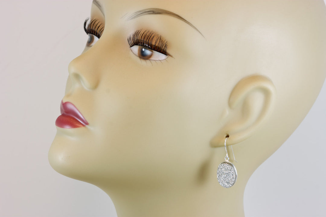 Silver Drusy Earrings Druzy Teardrop Silvery Oval Shape Sterling Silver French Ear Wires Bezel Set Simple Drops sparkley shiney large ovals