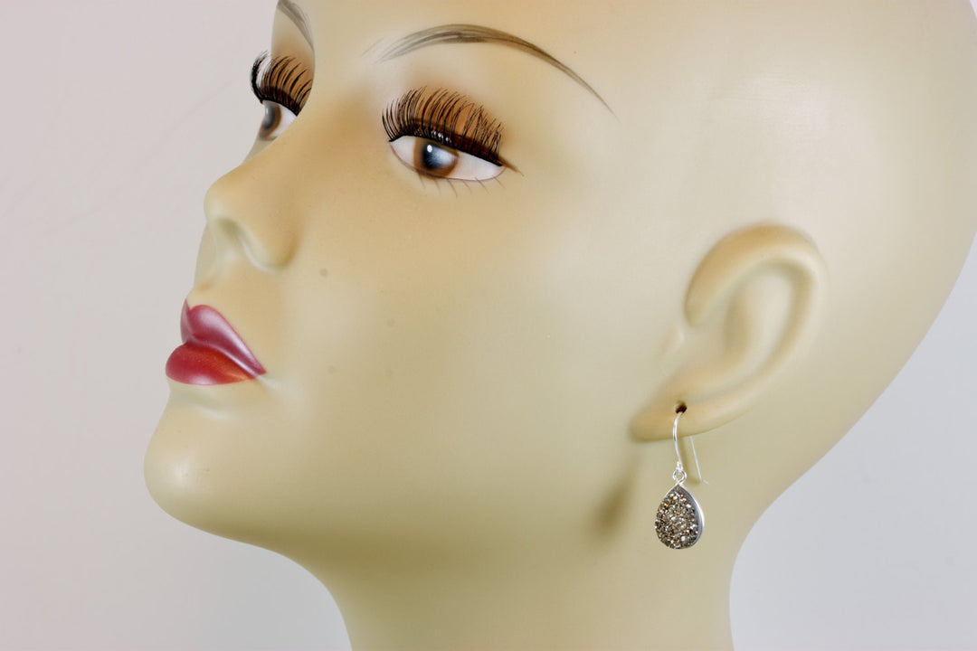 Black Drusy Earrings Druzy Quartz Teardrop Sterling Silver or 14k Solid Gold or Filled Bezel Set Simple Drops Platinum Gray Black Sparkly