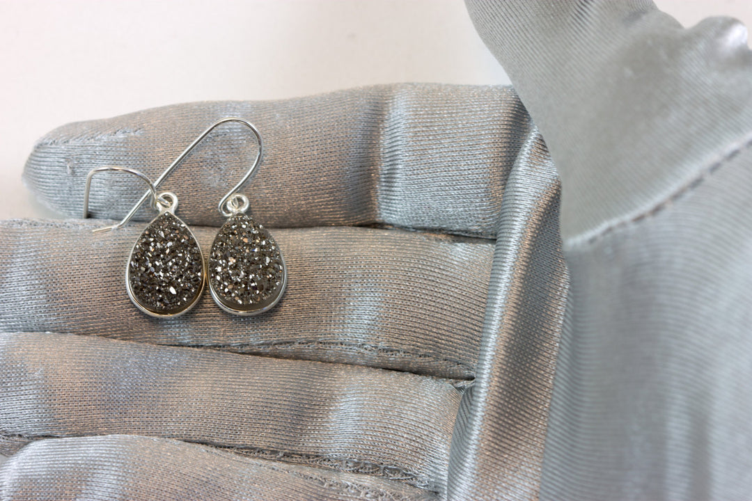 Black Drusy Earrings Druzy Quartz Teardrop Sterling Silver or 14k Solid Gold or Filled Bezel Set Simple Drops Platinum Gray Black Sparkly