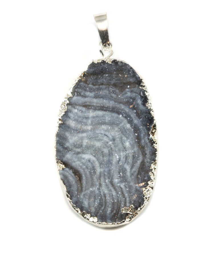 Drusy Necklace Pendant Silver Plate Large Mushroom Gray Druzy Large Grey Stone Swirls Spyglass Designs Natural Real Stone Quartz Oval Shape