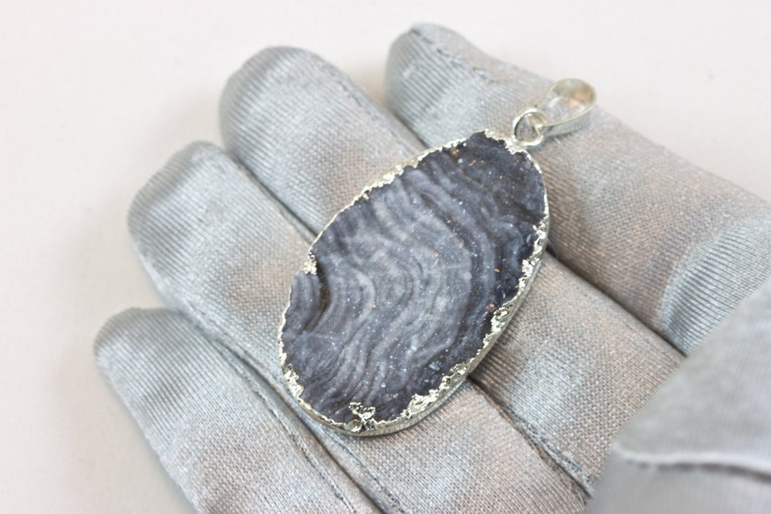 Drusy Necklace Pendant Silver Plate Large Mushroom Gray Druzy Large Grey Stone Swirls Spyglass Designs Natural Real Stone Quartz Oval Shape