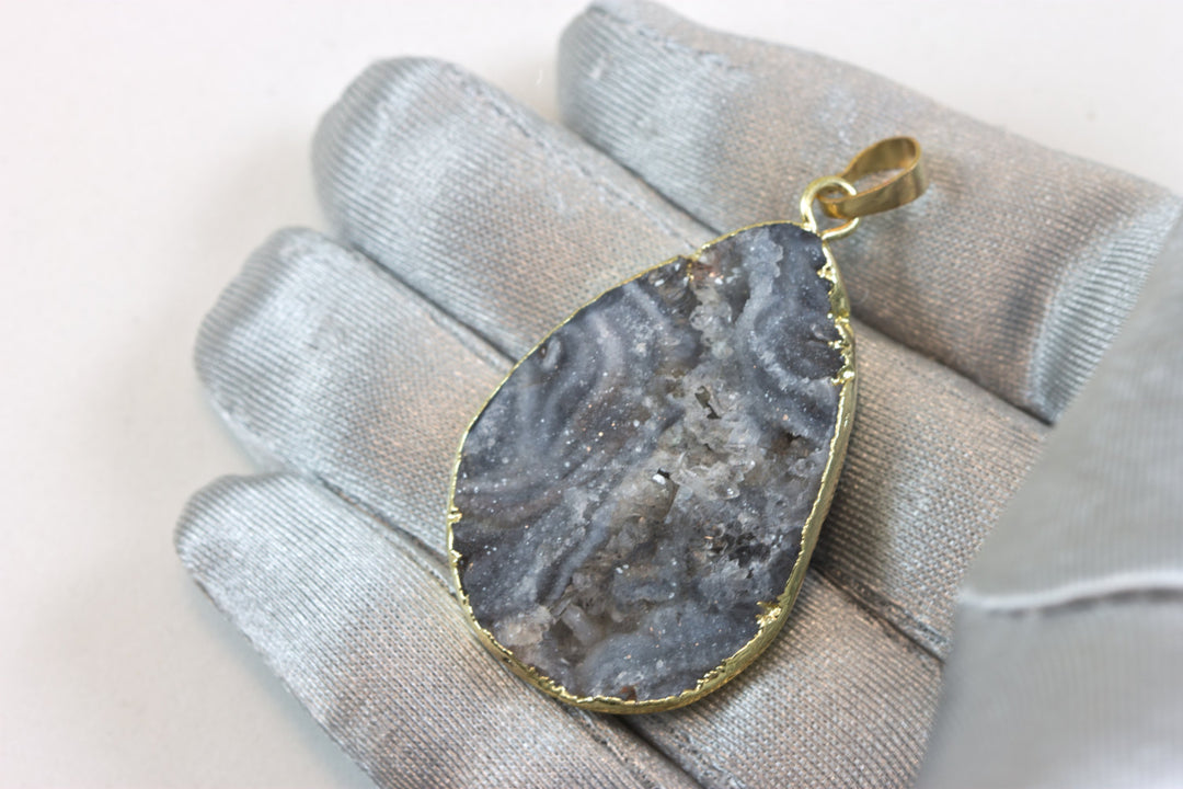 Drusy Necklace Pendant 14k gold plate  Large Mushroom Gray Druzy Large Grey Stone Swirls Spyglass Designs 3 Natural Quartz Teardrop Shape