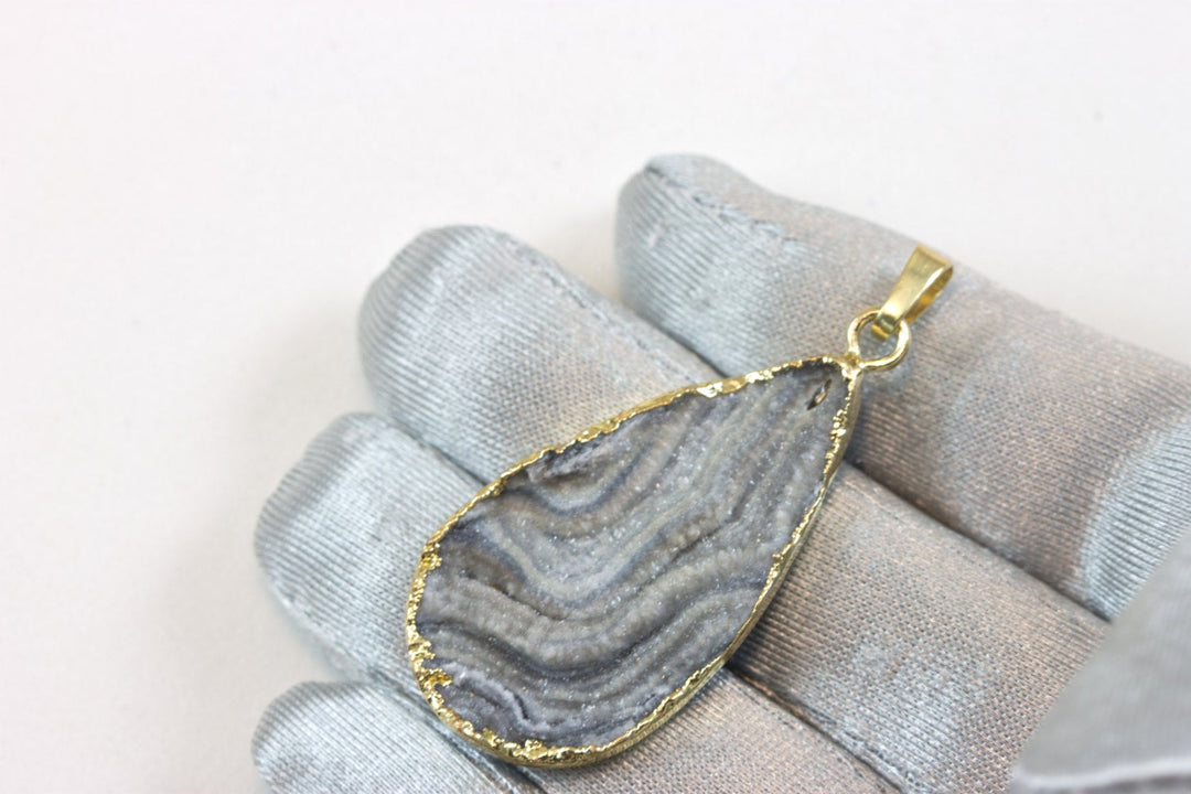 Drusy Necklace Pendant 14k gold plate  Large Mushroom Gray Druzy Large Grey Stone Swirls Spyglass Designs Teardrop Pear Shape Natural Quartz