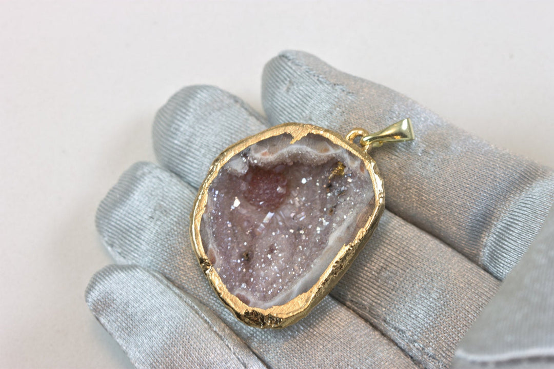 Baby Geode Drusy Necklace Pendant 14k gold plate Gray Druzy Large Grey Natural Stone  Earthy Simple Spyglass Designs 1