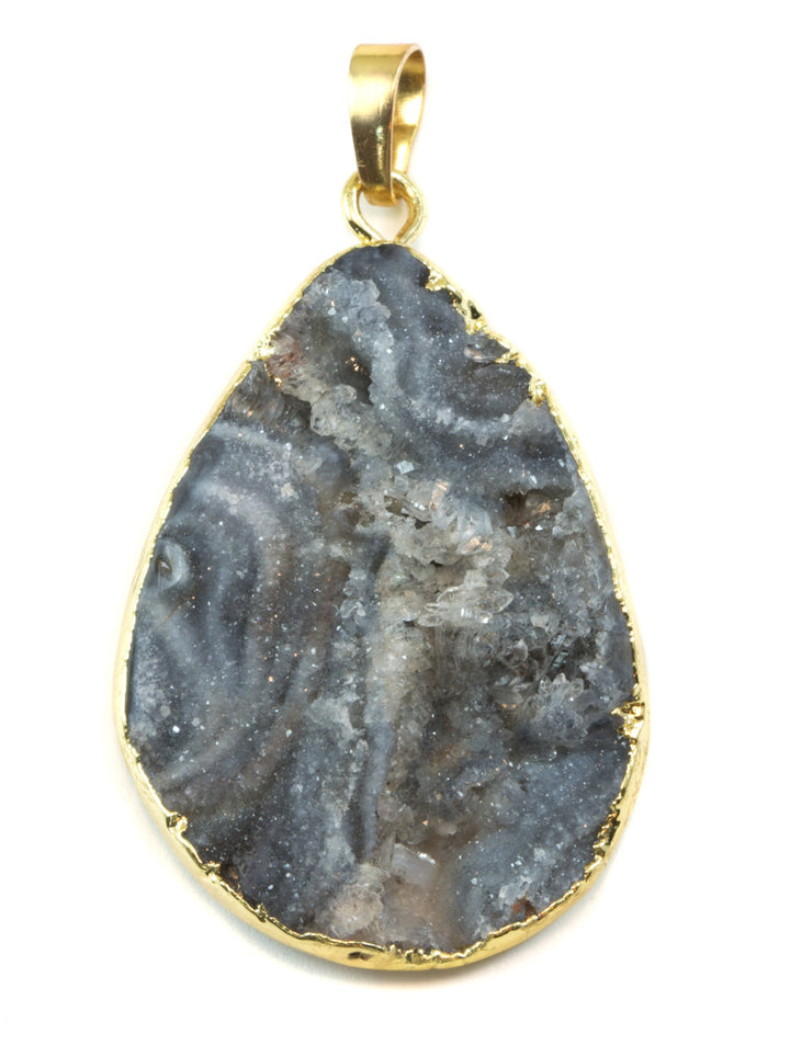 Drusy Necklace Pendant 14k gold plate  Large Mushroom Gray Druzy Large Grey Stone Swirls Spyglass Designs 3 Natural Quartz Teardrop Shape