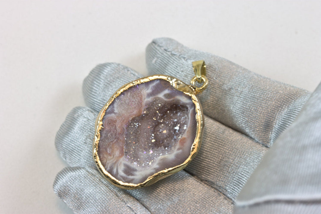 Baby Geode Drusy Necklace Pendant 14k gold plate  Large Gray Druzy Large Grey Natural Stone Spyglass Designs 2 Earthy Simple