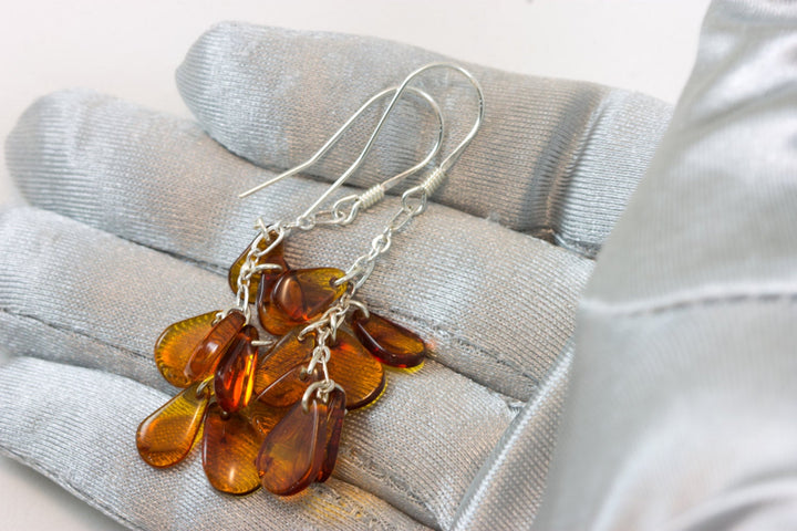 Amber Earrings Sterling Silver Honey Smooth Cluster Chandelier Style Teardrop Natural Briolettes Dangles Clusters Lightweight Rich Yellow