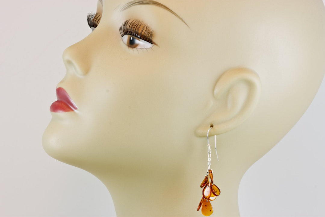 Amber Earrings Sterling Silver Honey Smooth Cluster Chandelier Style Teardrop Natural Briolettes Dangles Clusters Lightweight Rich Yellow