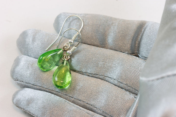 Amber Earrings Sterling Silver Light Green Smooth Puffed Teardrop Natural Pear Shaped Dangles Soft Apple Green Spyglass Designs